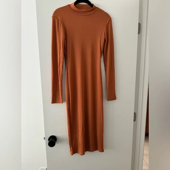 Pink Blush Orange Ribbed Fitted Mock Neck Long Sleeve Maternity Dress - Picture 1 of 5